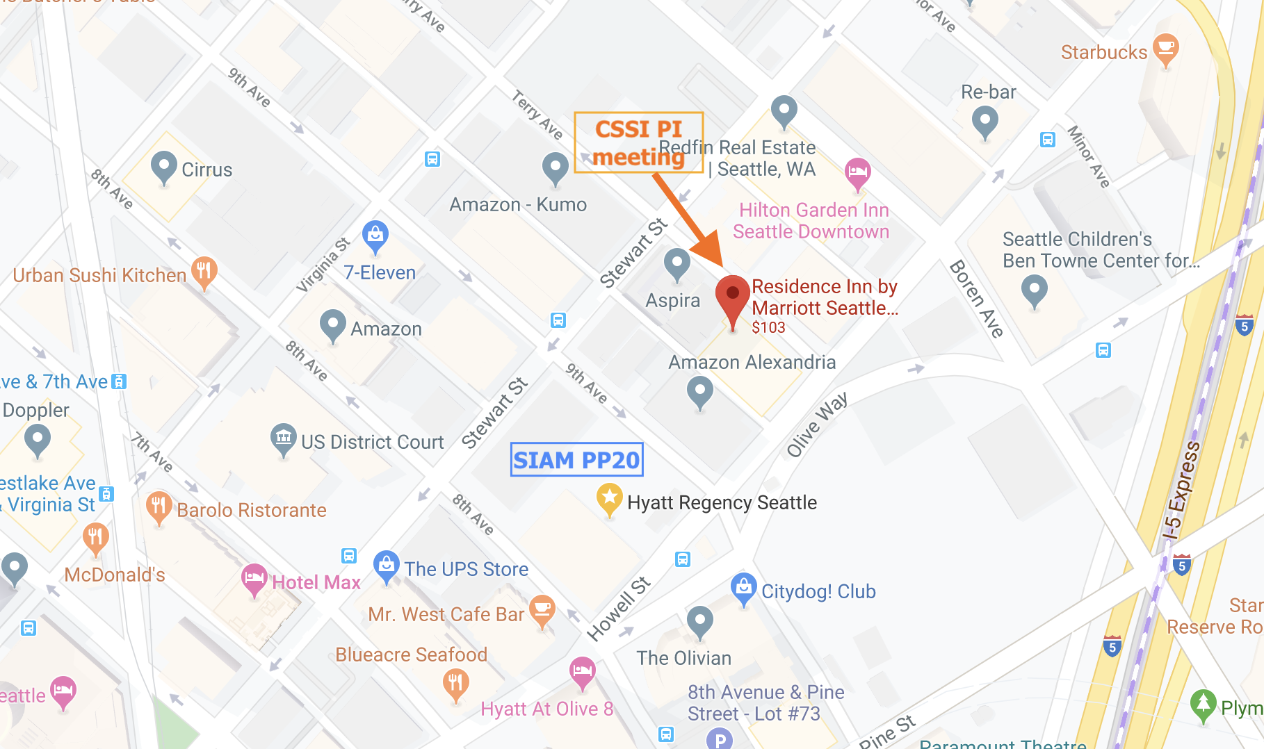 Locations of CSSI PI meeting and SIAM PP20